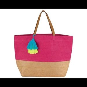 NWT Mud Pie Color Pop Jute Tote in Hot Pink Beach Bag Pool School Pompom